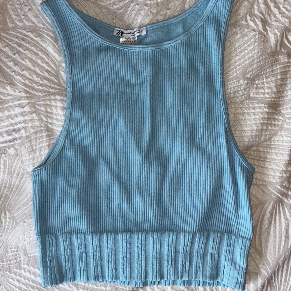 Zara Blue Sleeveless Ribbed Crop Top